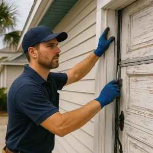 A garage door technician inspecting a door in Jacksonville Beach.