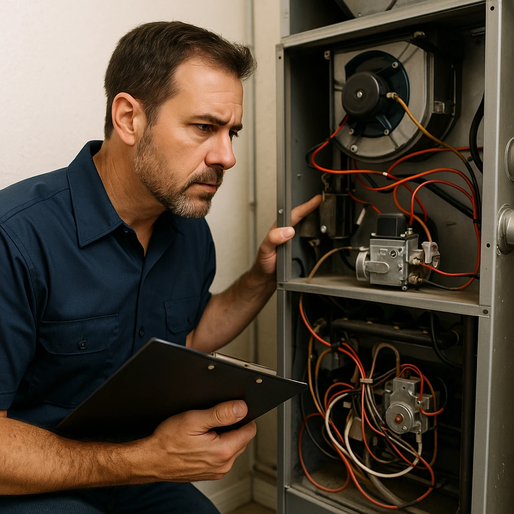 HVAC technician inspecting a system for issues